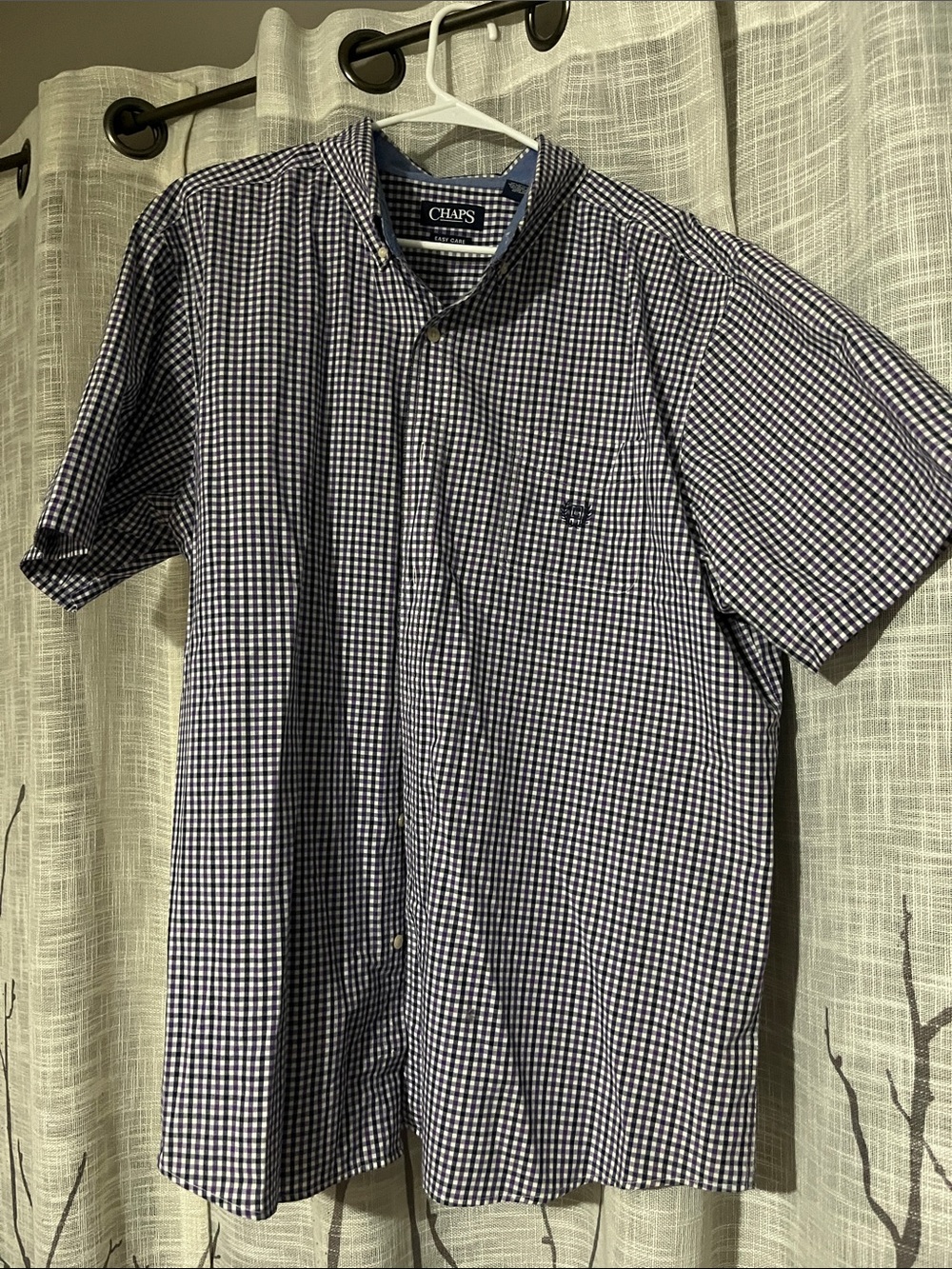 Chaps Men's Navy, Purple and White Gingham Short Sleeve Button-Down Shirt